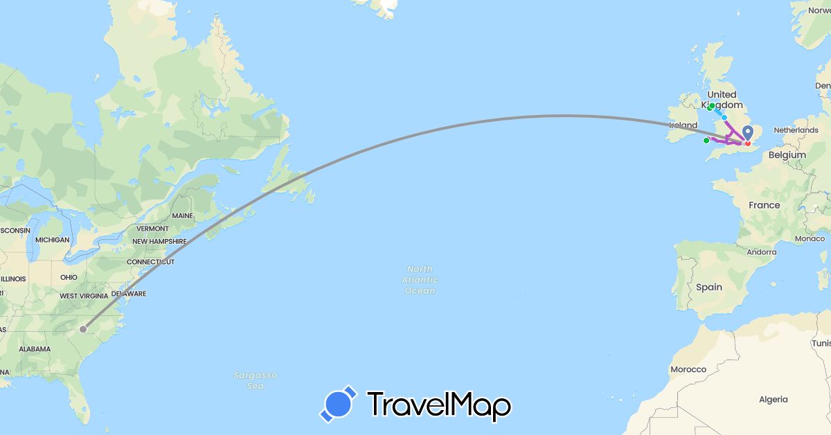 TravelMap itinerary: bus, plane, cycling, train, hiking, boat in United Kingdom, Isle of Man, United States (Europe, North America)